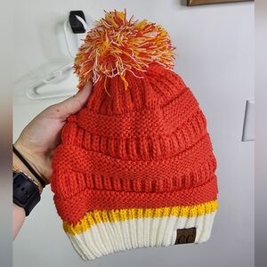 Red Beanie with Yellow & Cream Trim and Multicolor Pom, Kids One Size